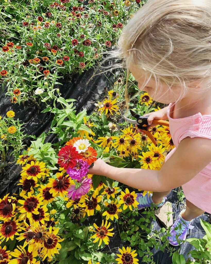 Homeschool girl in garden picking wildflower bouquet