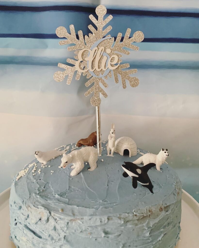 DIY winter princess party arctic animal cake snowflake cake topper