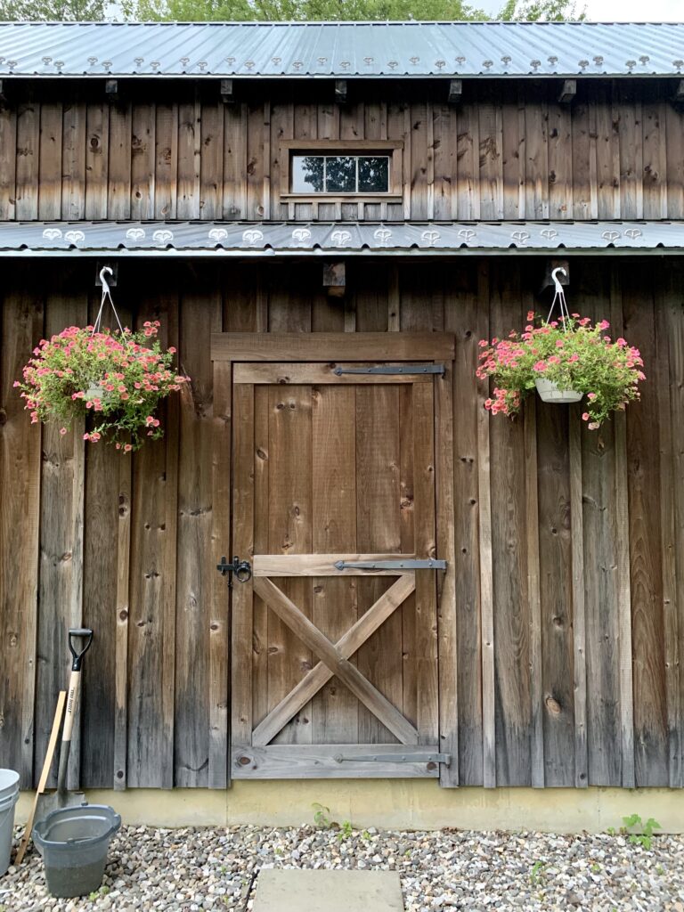 barn door with two hanging planters with flowers in garden