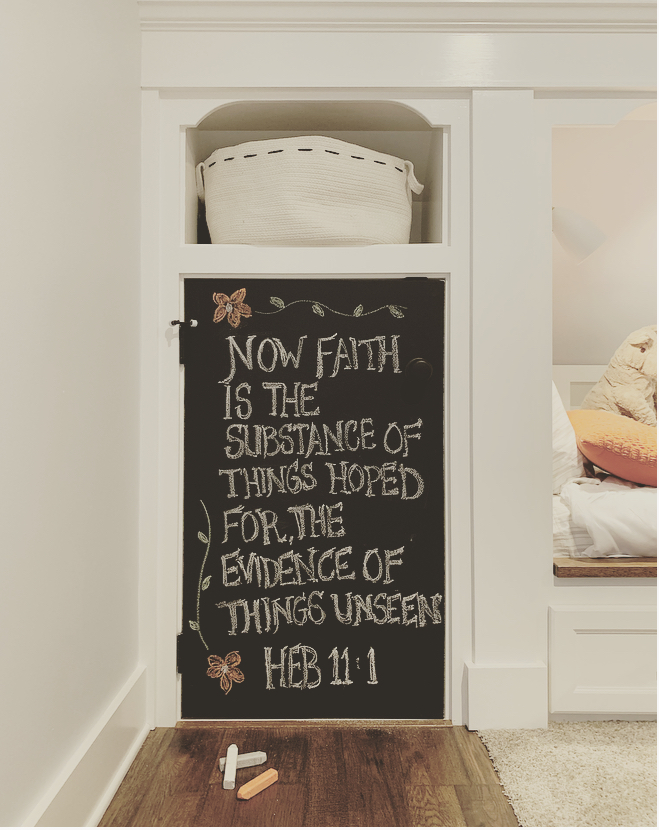 Chalkboard door with scripture Hebrews 11