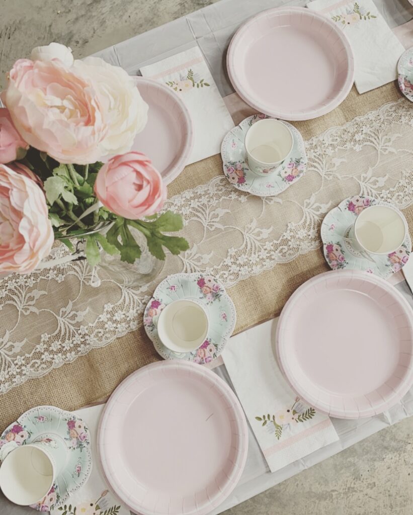 Woodland tea party floral place settings barn