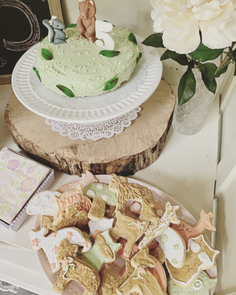 Woodland tea party cake and cookies