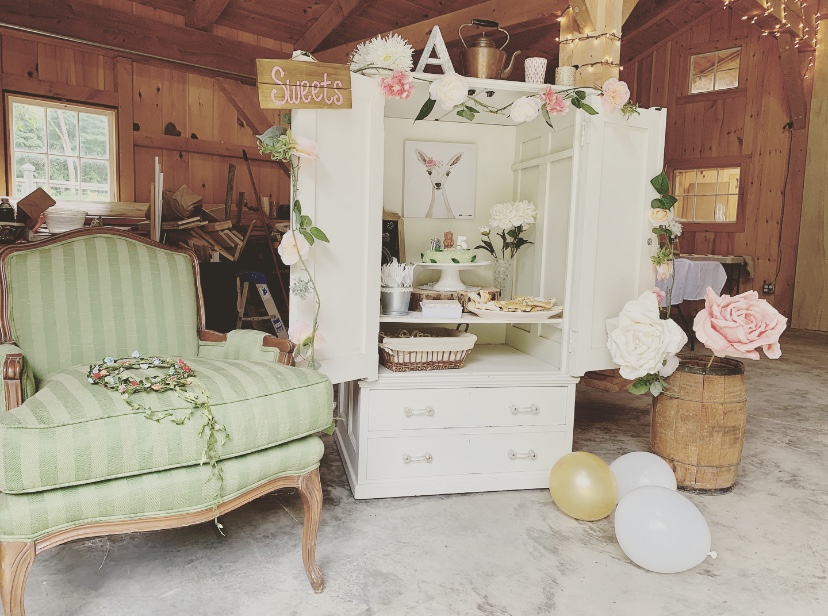 Woodland tea party white dresser decor in barn