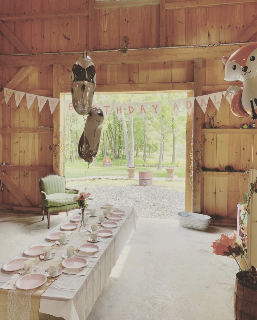 Woodland animal tea party barn setup table decor 