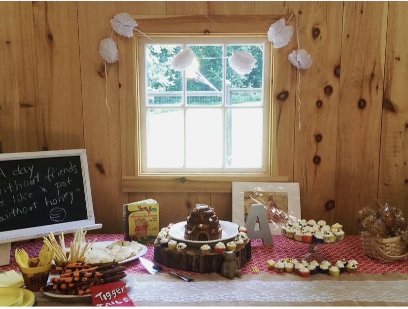 Winnie the Pooh dessert table, beehive cake, tigger tails, Winnie the Pooh quotes