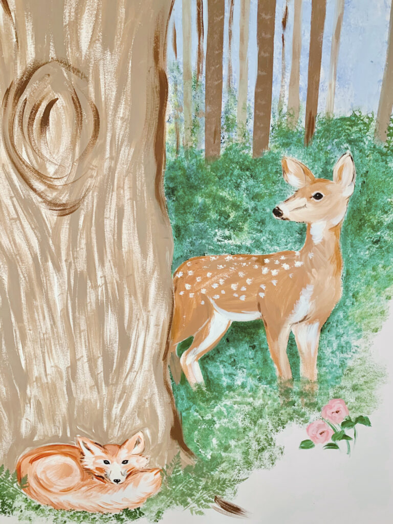 deer fox and tree bushes woodland animal mural kids bedroom