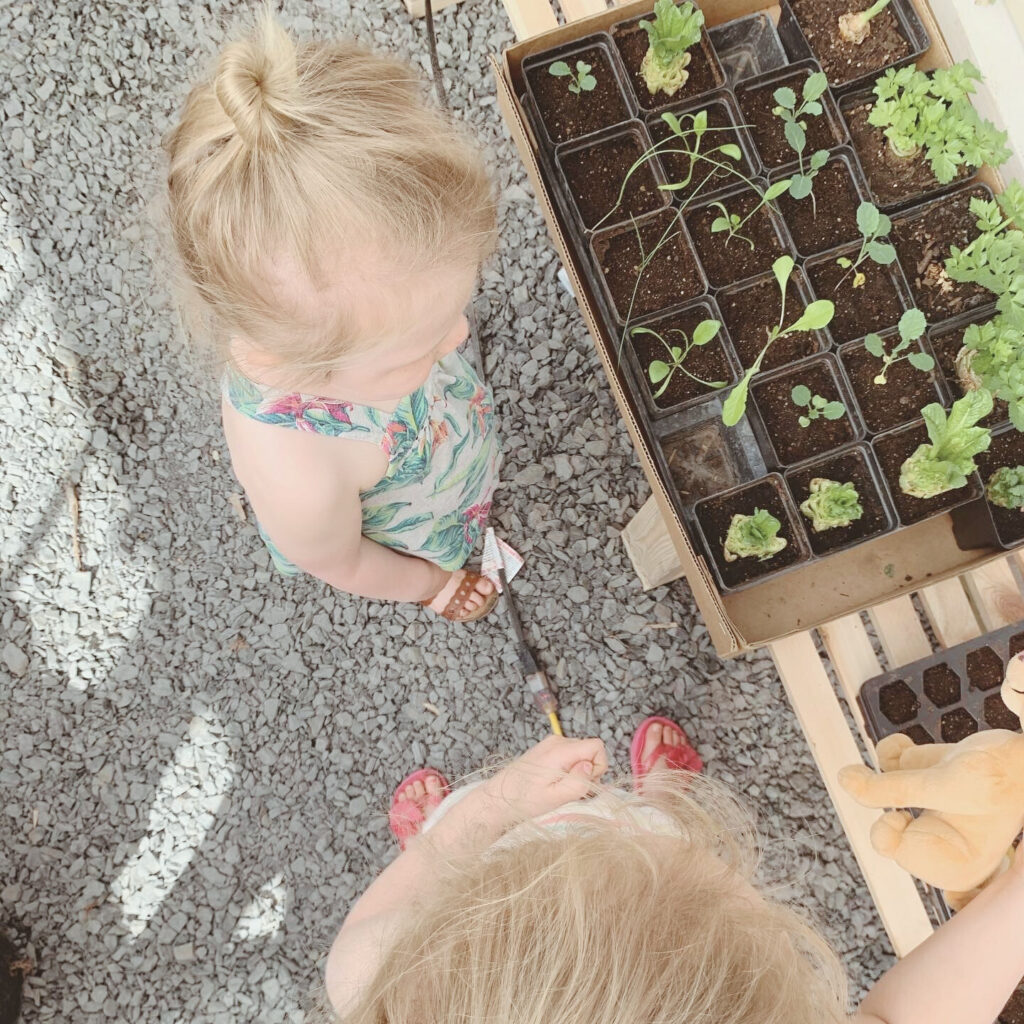 little girls playing in greenhouse