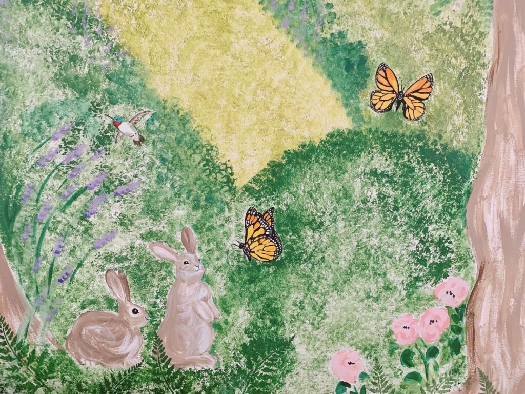 rabbits and butterflies woodland mural kids bedroom