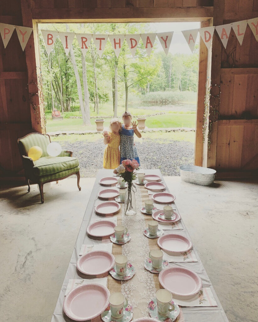 Woodland tea party in barn kids