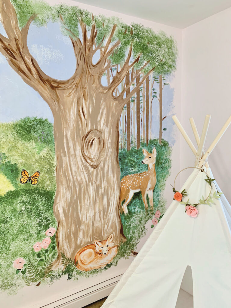 DIY kids bedroom wall woodland animal mural deer fox butterfly trees  florals tent