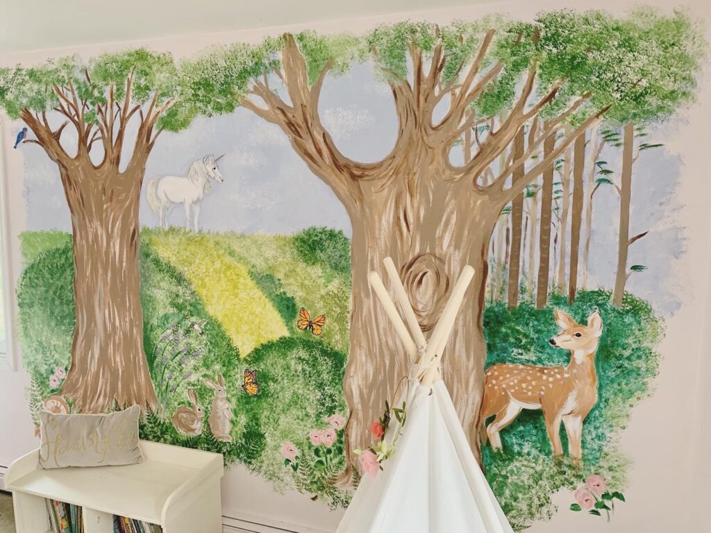 DIY kids bedroom wall woodland animal mural deer fox unicorn butterfly trees rabbits mice florals