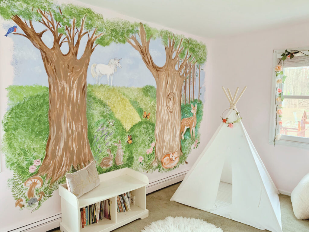 DIY little girl bedroom wall woodland animal mural deer fox unicorn butterfly trees rabbits mice florals tent bookcase