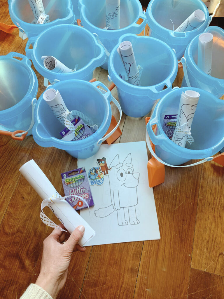 Bluey party favor buckets with coloring pages and crayons