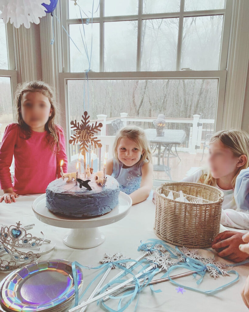 DIY winter princess party cake with candles and friends happy birthday