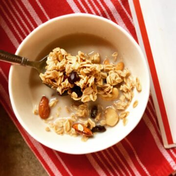 granola in bowl on red towel