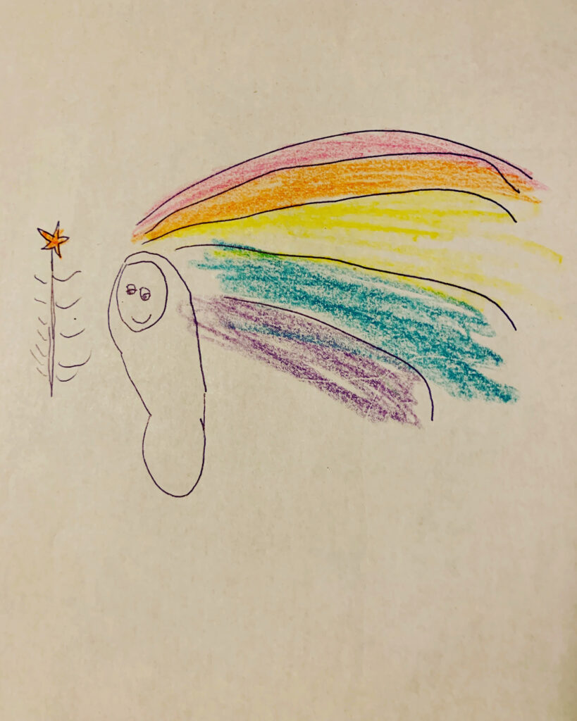 artwork by kid of baby Jesus with rainbow and star