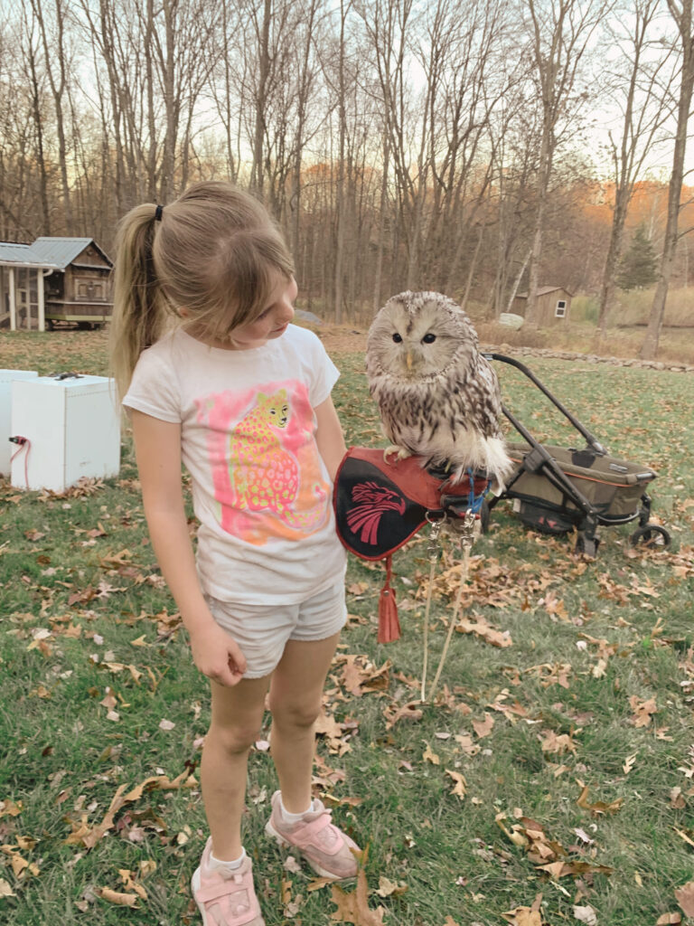 Little girl holding owl at book club