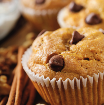 pumpkin chocolate chip muffin on table