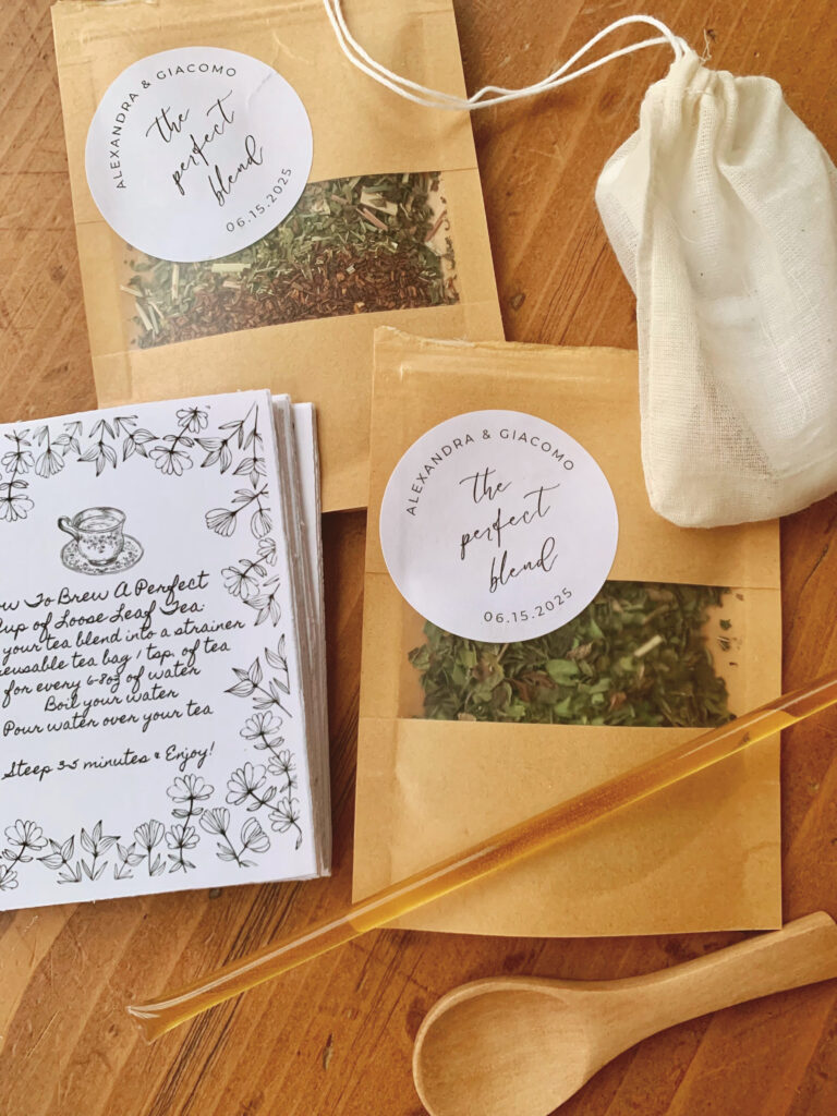 organic loose leaf tea in package with honey stick and brewing instructions on wooden table bridal shower activity