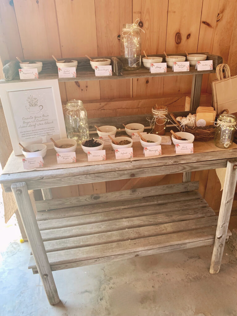 bridal shower custom loose leaf tea bar station activity in barn