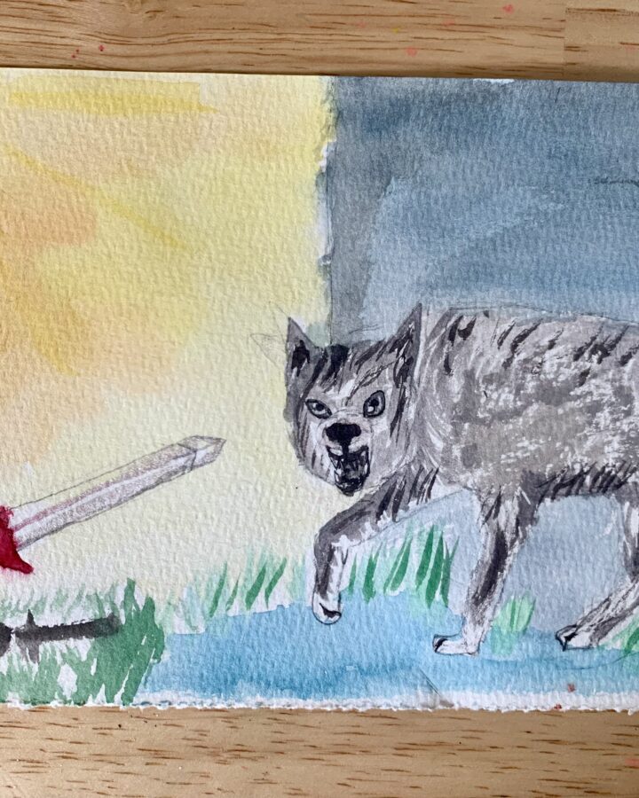 wolf Peter with sword good versus evil light and dark kids painting chronicles of narnia